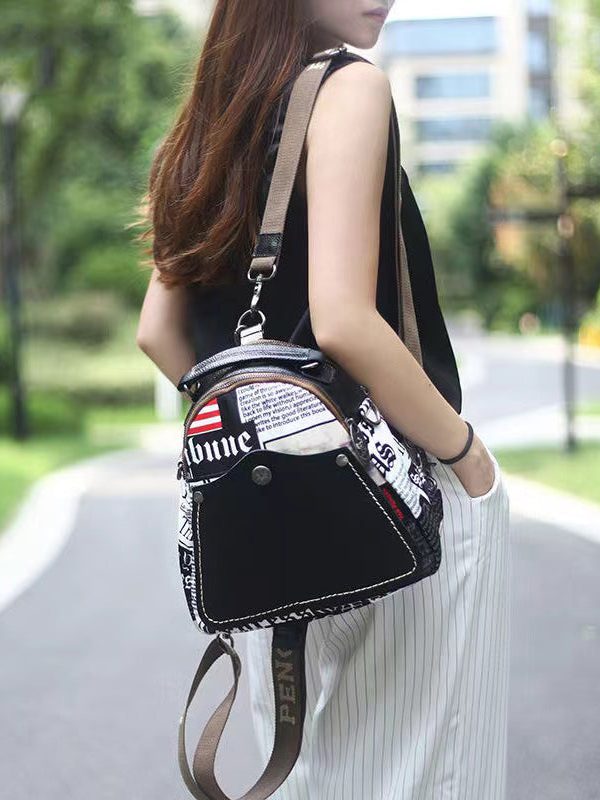 Fashion Black Graphic Cotton Patchwork Calf Leather Satchel Bag Handbag