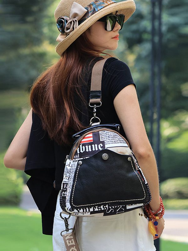 Fashion Black Graphic Cotton Patchwork Calf Leather Satchel Bag Handbag
