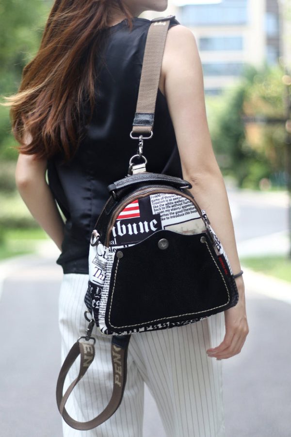 Fashion Black Graphic Cotton Patchwork Calf Leather Satchel Bag Handbag