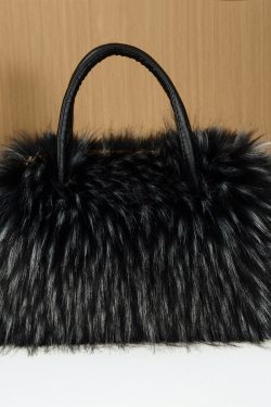 Fashion Black Large Capacity Raccoon Hair Tote Handbag