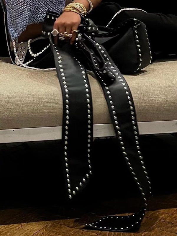 Fashion Black Rivet Bow Faux Leather Hobo Bag