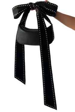 Fashion Black Rivet Bow Faux Leather Hobo Bag