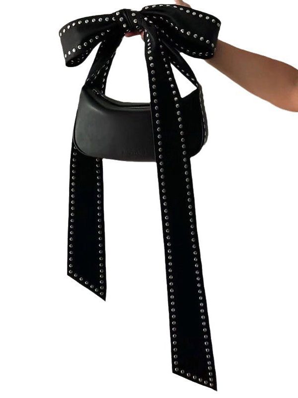 Fashion Black Rivet Bow Faux Leather Hobo Bag