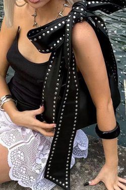 Fashion Black Rivet Bow Faux Leather Hobo Bag