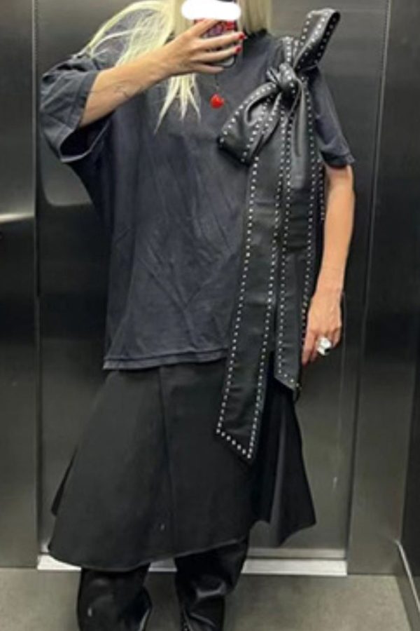 Fashion Black Rivet Bow Faux Leather Hobo Bag