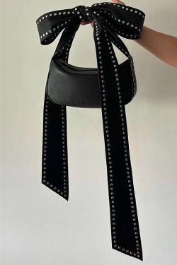 Fashion Black Rivet Bow Faux Leather Hobo Bag