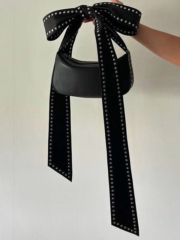 Fashion Black Rivet Bow Faux Leather Hobo Bag