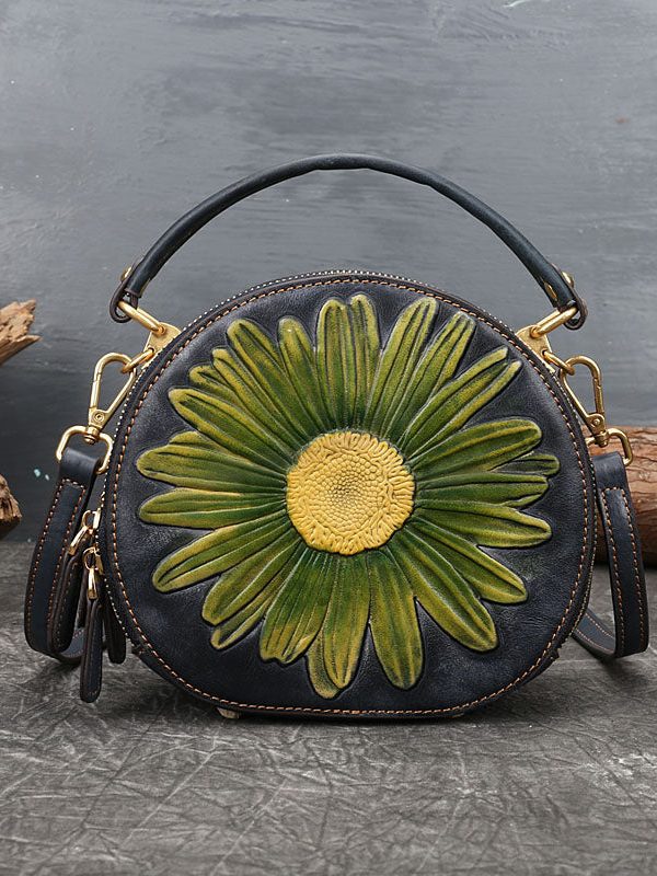 Fashion Black The Sunflowers Jacquard Calf Leather Messenger Bag
