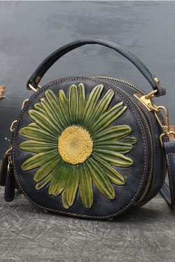 Fashion Black The Sunflowers Jacquard Calf Leather Messenger Bag