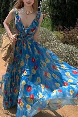 Fashion Blue Backless Print Chiffon Ankle Dress Summer