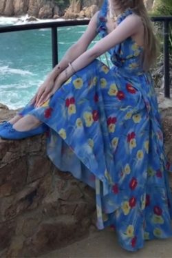 Fashion Blue Backless Print Chiffon Ankle Dress Summer