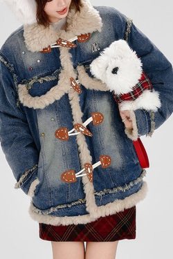 Fashion Blue Fuzzy Fur Patchwork Fine Cotton Filled Denim Coat Winter