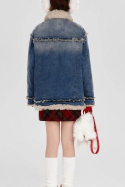 Fashion Blue Fuzzy Fur Patchwork Fine Cotton Filled Denim Coat Winter