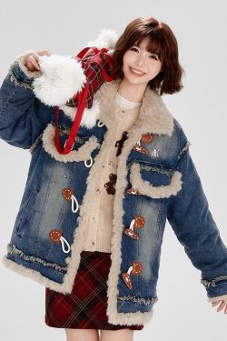 Fashion Blue Fuzzy Fur Patchwork Fine Cotton Filled Denim Coat Winter