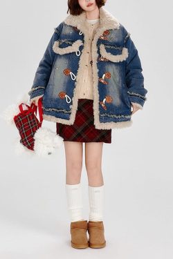 Fashion Blue Fuzzy Fur Patchwork Fine Cotton Filled Denim Coat Winter