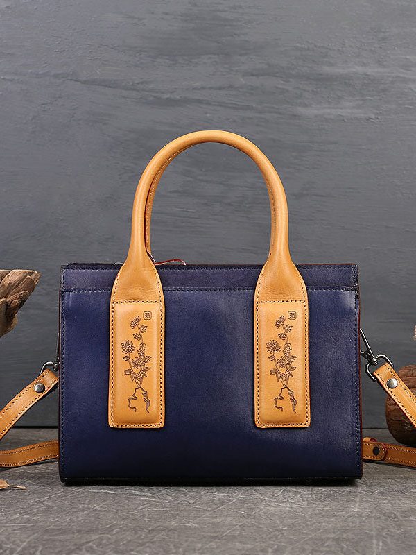 Fashion Blue Jacquard Calf Leather Tote Handbag
