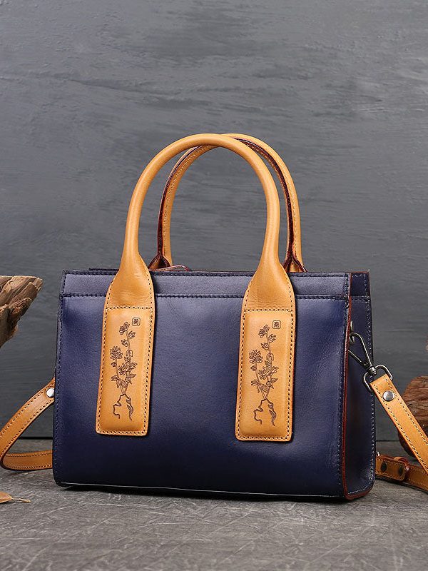 Fashion Blue Jacquard Calf Leather Tote Handbag