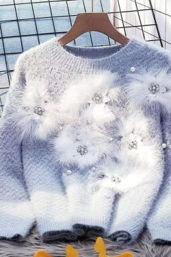 Fashion Blue O-Neck Zircon Mink Hair Patchwork Thick Cotton Knit Sweater Winter