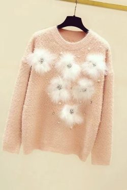 Fashion Blue O-Neck Zircon Mink Hair Patchwork Thick Cotton Knit Sweater Winter