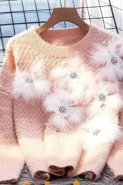 Fashion Blue O-Neck Zircon Mink Hair Patchwork Thick Cotton Knit Sweater Winter