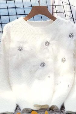 Fashion Blue O-Neck Zircon Mink Hair Patchwork Thick Cotton Knit Sweater Winter