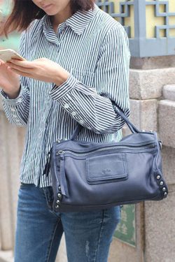 Fashion Blue Rivet Calf Leather Locomotive Tote Handbag