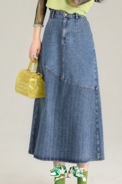 Fashion Blue Striped Patchwork Denim A Line Skirt Spring