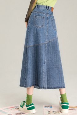 Fashion Blue Striped Patchwork Denim A Line Skirt Spring