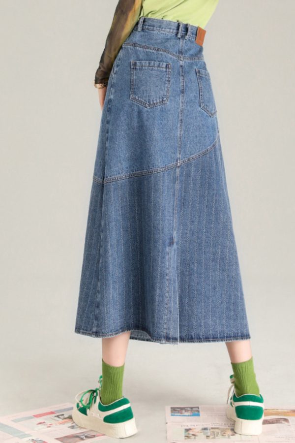 Fashion Blue Striped Patchwork Denim A Line Skirt Spring