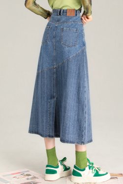 Fashion Blue Striped Patchwork Denim A Line Skirt Spring