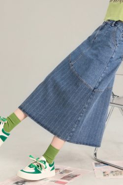 Fashion Blue Striped Patchwork Denim A Line Skirt Spring