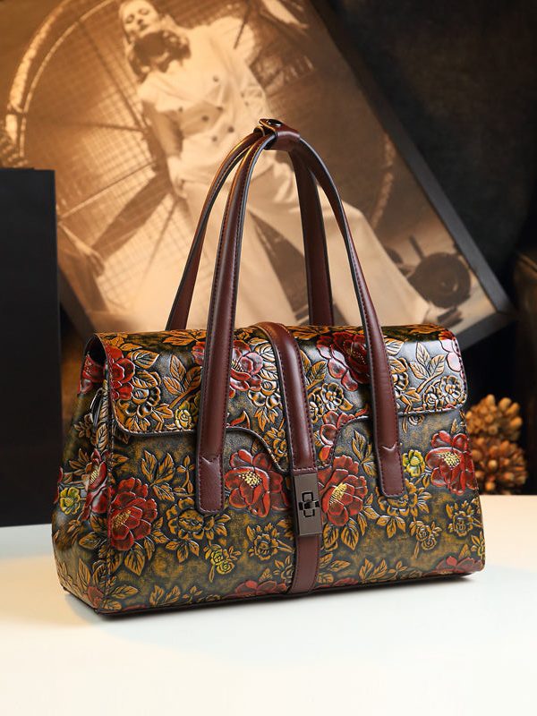 Fashion Boutique Brown Embossed Calf Leather Tote Handbag