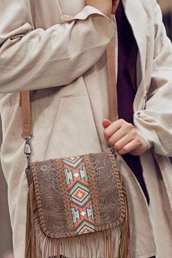 Fashion Brown Embossing Tasseled Faux Leather Messenger Bag