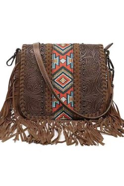 Fashion Brown Embossing Tasseled Faux Leather Messenger Bag