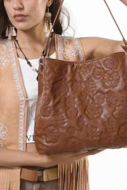 Fashion Brown Embroidered Inner Pocket Faux Leather Women Handbag