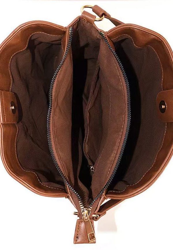 Fashion Brown Embroidered Inner Pocket Faux Leather Women Handbag