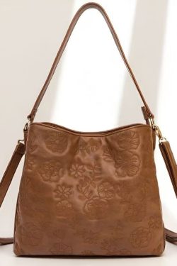 Fashion Brown Embroidered Inner Pocket Faux Leather Women Handbag