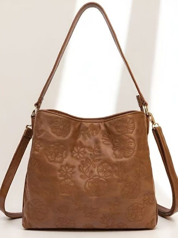 Fashion Brown Embroidered Inner Pocket Faux Leather Women Handbag