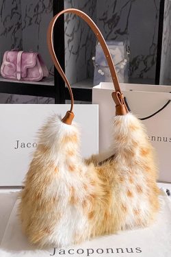 Fashion Brown Fuzzy Fur Fluffy Versatile Satchel Handbag