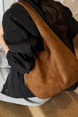 Fashion Brown Hollow Out Faux Suede Shoulder Bags