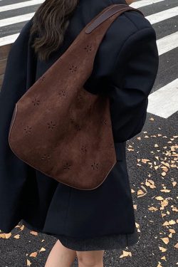 Fashion Brown Hollow Out Faux Suede Shoulder Bags