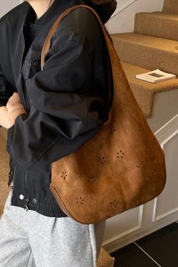 Fashion Brown Hollow Out Faux Suede Shoulder Bags