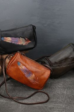 Fashion Brown Multicolour Feather Embossing Calf Leather Satchel Handbag