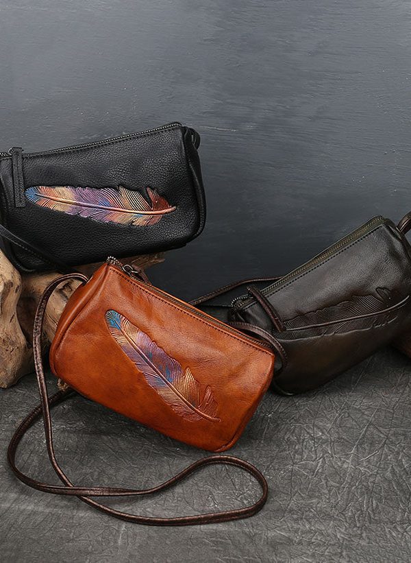 Fashion Brown Multicolour Feather Embossing Calf Leather Satchel Handbag