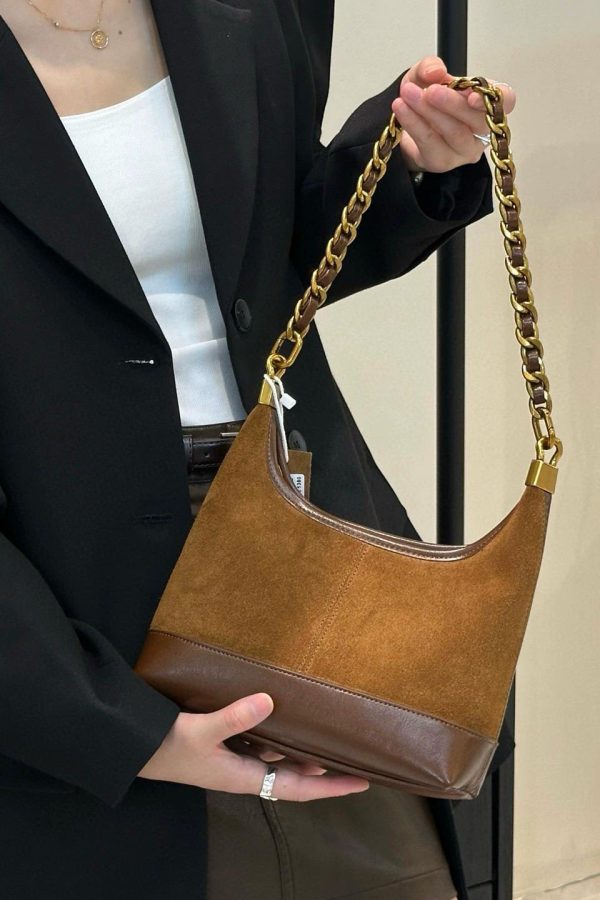 Fashion Brown Patchwork Suede Chain Linked Bucket Bag