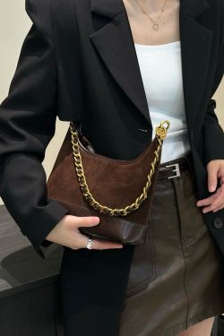 Fashion Brown Patchwork Suede Chain Linked Bucket Bag