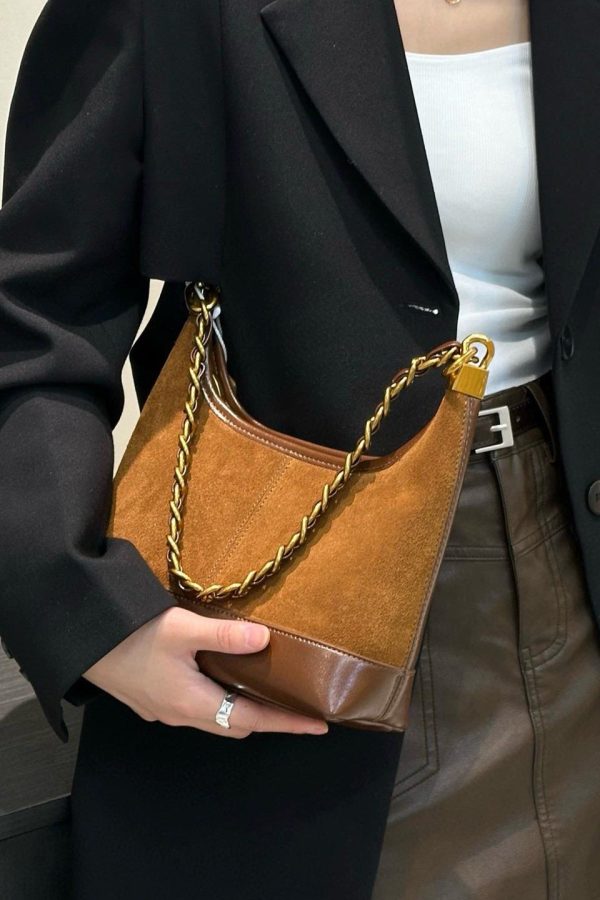 Fashion Brown Patchwork Suede Chain Linked Bucket Bag