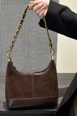 Fashion Brown Patchwork Suede Chain Linked Bucket Bag