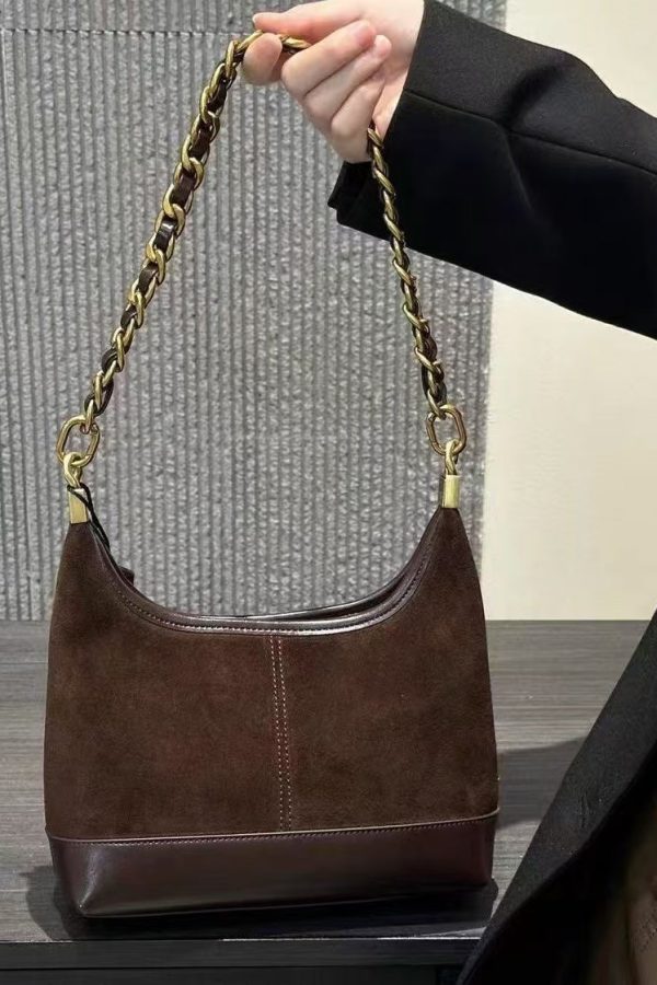 Fashion Brown Patchwork Suede Chain Linked Bucket Bag