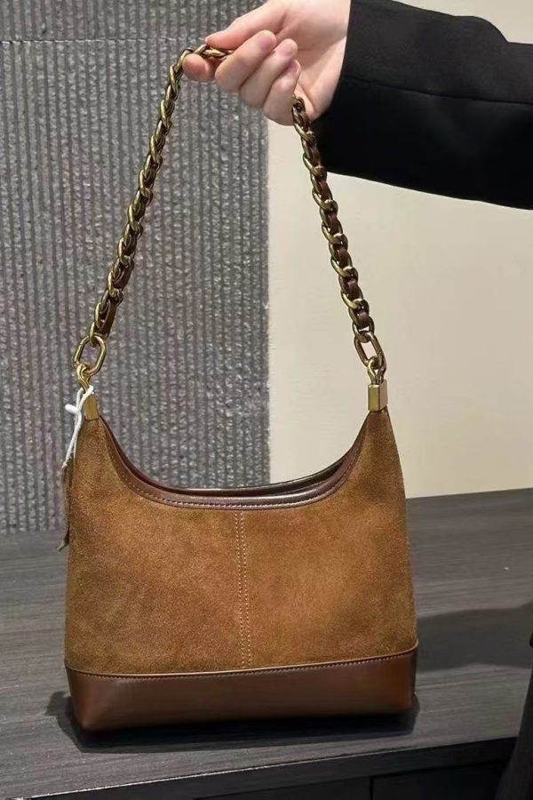 Fashion Brown Patchwork Suede Chain Linked Bucket Bag